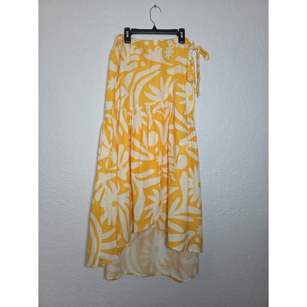 Christian Sireano High-Low Floral Yellow Linen-Blend Wrap Maxi Skirt Size Large